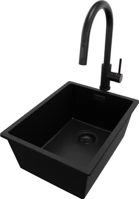 Produktbild von PRIMAGRAN Unterbauspüle Granit Alles Schwarz 36x47cm, Spülbecken 1 Becken + Küchenarmatur 40x20cm + Ablauf-Set, Granitspüle ab 40er Unterschrank - London