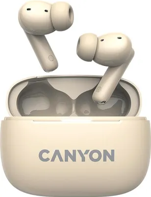 A pair of beige Canyon wireless earbuds and their charging case are shown against a white background.