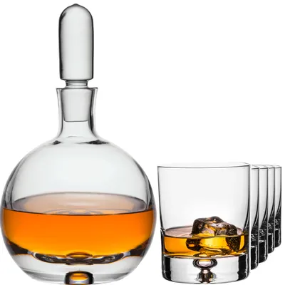 Produktbild von IMPERIAL Whiskeykaraffe mit Glasstopfen und 6 Whiskeygläser – Handgefertigtes Karaffen Set aus Crystalline Glas mit Luftblase im Boden "Lissabon"