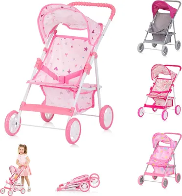 Produktbild von Chipolino Puppenwagen Alice Aufbewahrungskorb klappbar, Sonnendach verstellbar rosa sterne