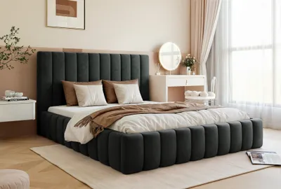 Zdjęcie produktu dla BESILIO Podwójne łóżko 160x200 slim Tina - Łóżko do sypialni ze stelażem i pojemnikiem na pościel - Tkanina aksamit - Czarny & Velluto 20