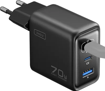 Immagine prodotto di Iniu, caricabatterie GaN da 70 W con 2 connettori USB-C USB-A pieghevoli, nero