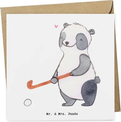 Produktbild von Mr. & Mrs. Panda Grußkarte Panda Hockey spielen - Weiß - Geschenk, faltkarte, Glückwunschkarte, Hockeyschläger, Verein, anlasskarte, Sport, Feldhockey, Klappkarte