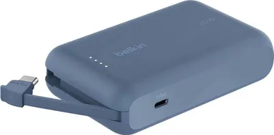 A blue Belkin power bank with a USB-C cable attached.