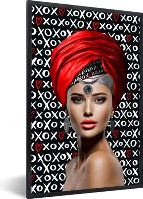 Produktbild von MuchoWow® MuchoWow® Gerahmtes Poster Frau - Muster - Rot 40x60 cm - Poster mit zchwarzem Bilderrahmen - Papierdruck - Wandbilder