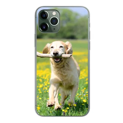 Produktbild von MuchoWow® Handyhülle Schutzhülle Hülle für iPhone 11 Pro Golden Retriever mit einem Zweig im Maul zwischen gelben Blumen Silikon Softcase Handy Hülle - Handy