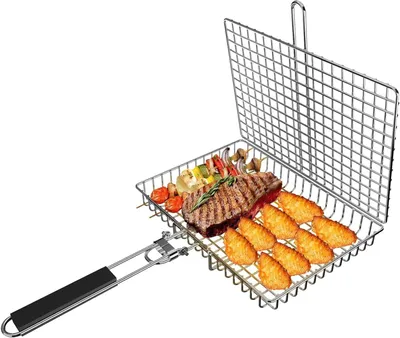 Productafbeelding van Vis Grillmand - Opvouwbaar Accessoire - Buiten Koken - Verwijderbare Handgreep - 33 x 22 cm - Zilver