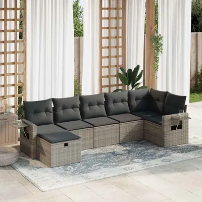 Produktbild von Design 7-tlg. Garten-Sofagarnitur mit Kissen Grau Poly Rattan, Gartenmöbel-Sets 2024 Neu