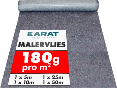 A roll of grey painter's fleece is unrolled on a white surface, with a label showing product details.