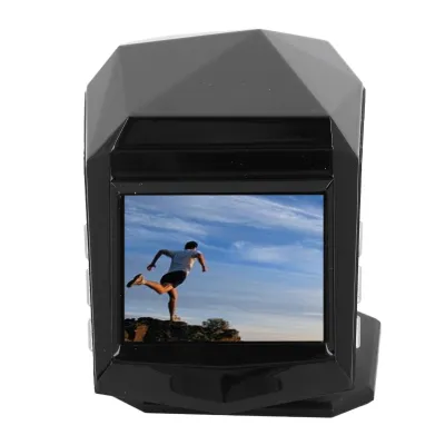 A black dash cam with a screen displaying a person running.