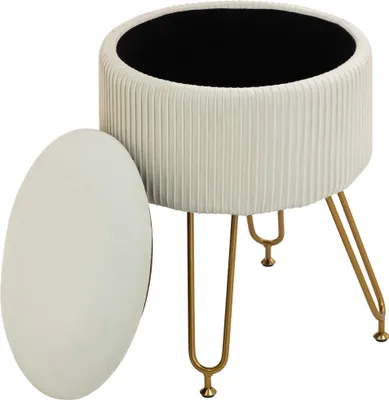 Produktbild von 2-in-1-Aufbewahrungshocker mit Metallbeinen, runder Fußhocker für Wohnzimmer, Schlafzimmer, Flur, Cremeweiß
