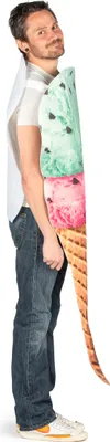 A person wearing a costume shaped like a three-scoop ice cream cone.
