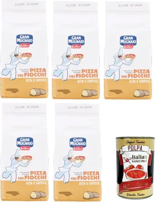 Produktbild von Molino Spadoni Gran Mugnaio Pizza Coi Fiocchi-mit Kartoffelflocken, Pizzamischung mit allen Zutaten für eine tiefe und weiche Pizza 5x 1000gr + Italian Gourmet polpa 400g