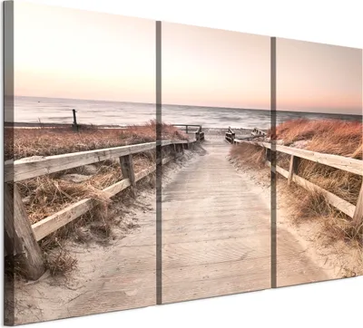 Produktbild von LUMASOUL Leinwand Bilder 90x60 cm, Leinwandbild Strand Motiv, Wandbilder Holzrahmen und Webstuhl Wohnzimmer und Schlafzimmer, 3 teilig
