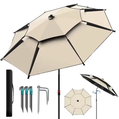 Produktbild von 200 cm Sonnenschirm, doppelwandiger Strandsonnenschirm mit Tragetasche, 360° verstellbarer Neigungswinkel, höhenverstellbar, Sonnenschutz, UPF 50+, windbeständig und stabil, Sonnenschirm mit Bodenanker und windfestem Seil.