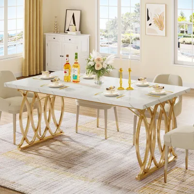Produktbild von Tribesigns Moderner Esstisch für 6 Personen, Tisch Wohnzimmer, 160 x 80 x 75 cm, Rechteckig, Küchentisch, Esstisch, Moderner-Design, Weiß und Gold