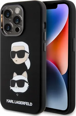 A black iPhone case with Karl Lagerfeld and Choupette illustrations is shown next to an iPhone.