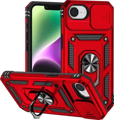 Produktbild von Hülle für iPhone 16e/iPhone 17e mit Schiebe Kamera Schutz und Ringhalter Ständer Hybrid Schutzhülle Rot