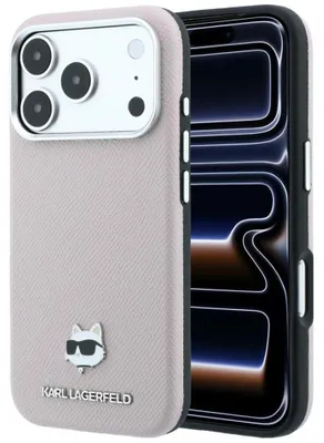 Immagine prodotto di Custodia per iPhone 18 Pro / 17 Pro, Karl Lagerfeld, motivo "Choupette" in metallo con finitura texturizzata e compatibile con MagSafe, colore rosa