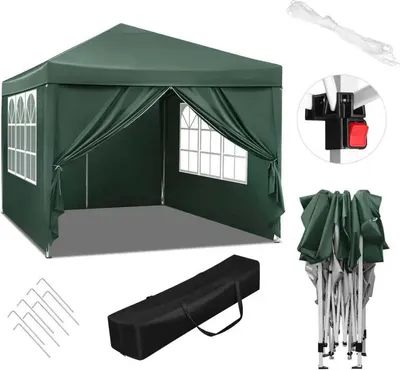 Image de BukkitBow - Tente de réception avec parois latérales - tente pliable - imperméable et résistant aux intempéries - pavillon de jardin - 300 x 300 cm - Vert