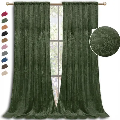 Produktbild von 2er Set Samtvorhang Kräuselband 132x213cm Prägemuster Gardinen Blickdichte Vorhänge Schöne Schwere Verdunklungsvorhang Wohnzimmer Schlafzimmer, Grün
