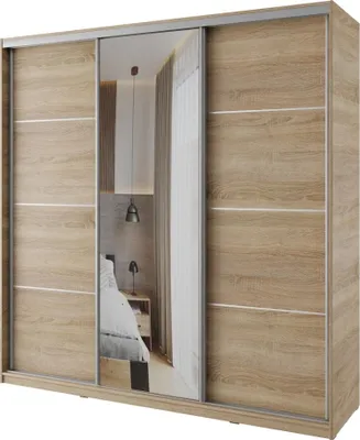 Obrázek produktu pro Šatní skříň NEJBY BARNABA 200 cm s posuvnými dveřmi,zrcadlem,4 šuplíky a 2 šatními tyčemi,dub sonoma