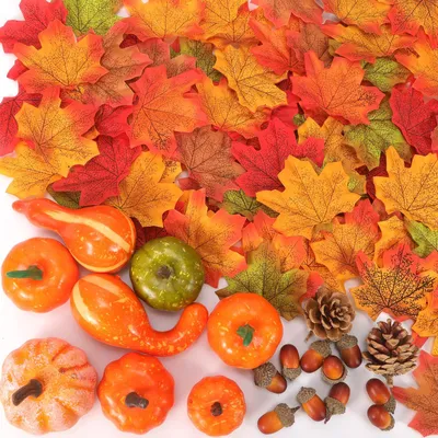 Produktbild von Künstliche Herbstblätter, Ahornblätter als Dekoration, künstliche Herbstblätter, dekorative Herbstblätter, Kürbisse, Tannenzapfen, Eicheln zum Basteln, Herbstdekoration, Halloween, Erntedankfest, Hochzeit