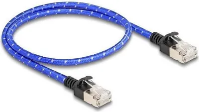 Produktbild von Delock RJ45 Netzwerkkabel mit Geflechtmantel Cat.6A U/FTP Slim 0,5 m blau