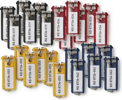 A collection of colorful key clips arranged in rows.