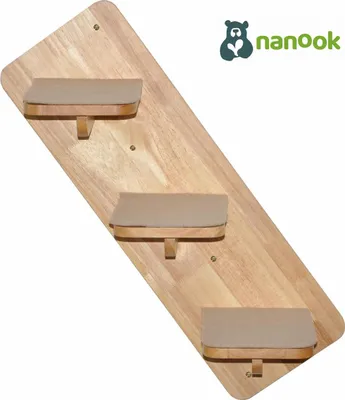 A wooden cat climbing wall with three steps, mounted on a white background.