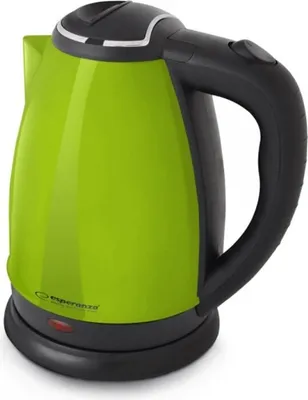 A green electric kettle with a black handle and base.