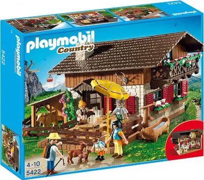 A Playmobil Country Almhütte (Alpine Hut) playset box, showing the assembled toy with figures and animals in a scenic mountain setting.