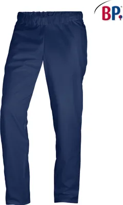 A pair of navy blue pants on a white background with a brand logo in the top right corner.