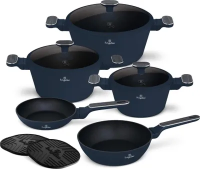 Image de Batterie de cuisine antiadhsive Berlinger Haus, aluminium forg, induction, 10 pices, TitanPro, bleu mat, poigne ergonomique, collection Deep Sea