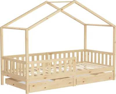 Produktbild von ML-Design Kinderbett Hausbett 90x200 cm Natur mit 2 Schubladen, Holzbett mit Rausfallschutz, Lattenrost und Dach, Spielbett aus Kiefernholz Bodenbett