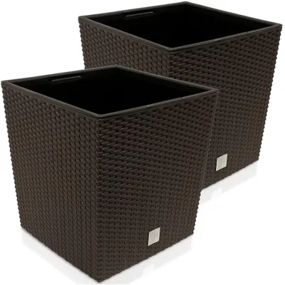 Produktbild von DEUBA® 2x Blumentopf 35L 32x32x33cm Rato Low Innentopf Mit Griffen Wetterfest Rattanoptik Pflanzkasten Übertopf Pflanzkübel Blumenkasten Quadratisch Umbra
