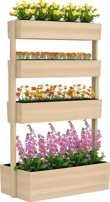 Image de Outsunny Jardiniššre suršŠlevšŠe en bois avec 4 šŠtages, escalier de fleurs avec doublure, trous de drainage, pour terrasse, balcon et jardin, bois naturel