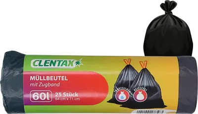Produktbild von CLENTAX Müllbeutel 60L mit Zugband 25 St Müllsäcke - Abfallsäcke Zugbandbeutel - reißfest und flüssigkeitsdicht