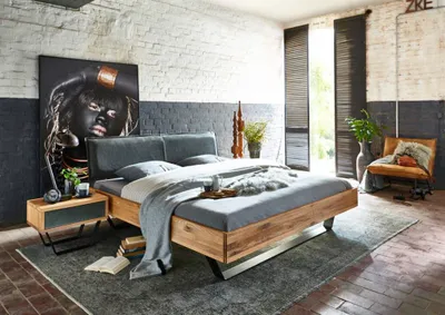 Produktbild von Bett Lemvig 200x200 cm Wildeiche Polsterkopfteil Grau Metallkufen