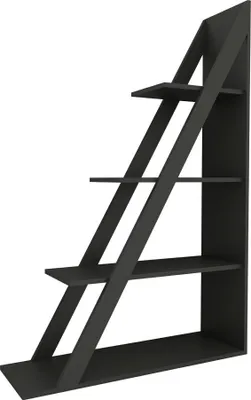 A black, modern, angled bookshelf with four shelves against a white background.