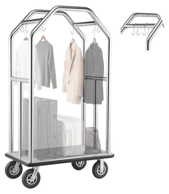 Productafbeelding van VEVOR roestvrijstalen bagagewagen voor hotels, draagvermogen 680,39 kg, bagagewagen met 8-inch rubberen wielen, hotelwagen met grijze vloerbedekking en kledingroede, bagagewagen voor commercieel gebruik in hotels en resorts, zilverkleurig