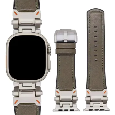 Produktbild von FFO2World Echtleder-Uhrenarmband für Apple Watch 46/45/44/42 mm & 49 mm Ultra – Robustes Lederarmband mit Edelstahlschließe – Grau