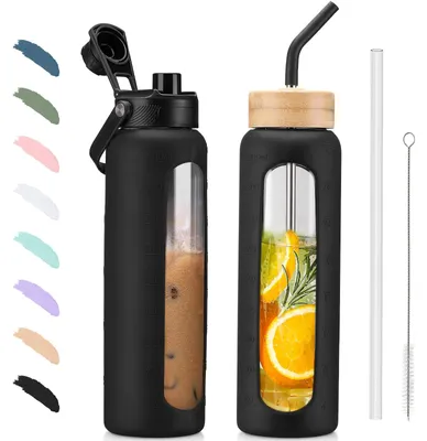 Image de Bouteille en verre de 900 ml avec paille et 2 bouchons - Noir