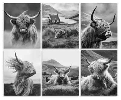 6 Highland-Cow-Canvas-Bilder 20x25 cm, schwarz-weiß, wasserdicht