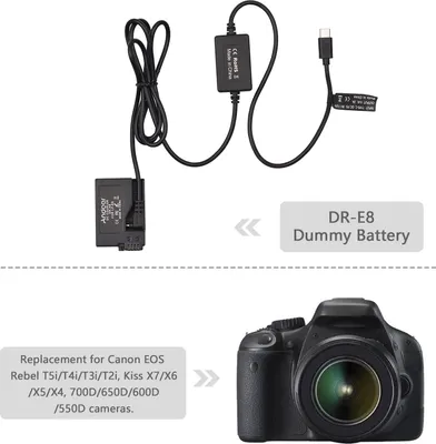 Zdjęcie produktu dla Kabel USB typu C Andoer PD do baterii atrapy DR-E8 Łącznik DC LP-E8 Zamiennik do Canon EOS Rebel T5i T4i T3i T2i Kiss X7 X6 X5 X4 700D 650D 600D 550D