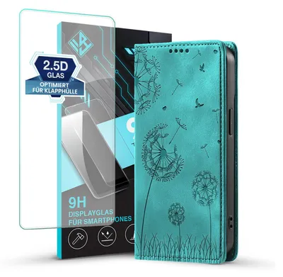 Produktbild von Handyhülle für Samsung Galaxy A17 / A17 5G RFID Schutz Klapphülle Case Cover Design Blume Pusteblume Schutzhülle mit 9H Displayglas Farbe: Türkis