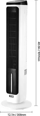 A white tower fan with a black grill and black top panel, shown in a studio setting with dimensions indicated by text.