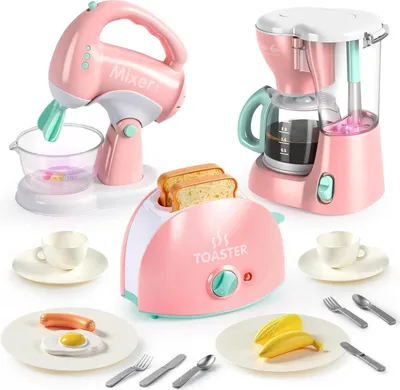 Produktbild von JOYIN Spielküchen Spielzeugset mit Kaffeemaschine, Mixer, Toaster - Rosa