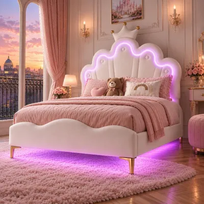 Zdjęcie produktu dla Łóżko dla dziewczynki INONEFT, łóżko tapicerowane, 90 x 190 cm, z podświetleniem LED, łóżko w stylu księżniczki z zagłówkiem, rama z listwami, dla dziewczynek, materiał:poliuretan (biały, 90 x 190 cm)