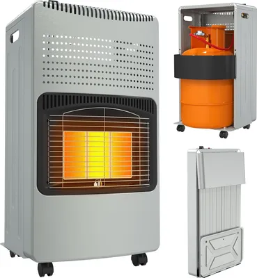 Productafbeelding van JOIEYOU Ruimteverwarmers, 3 warmtestanden, keramische gasverwarming inclusief gasaansluitslang met ventiel, draaghandvat en wielen, gasoven geschikt voor propaangasflessen tot 12 kg, inklapbare verwarmers voor ruimtes tot 70 m² (grijs)